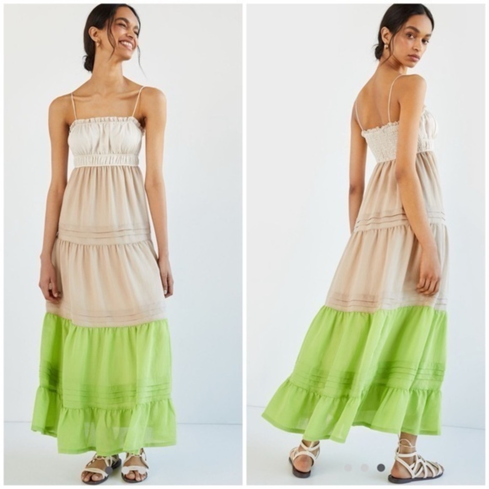 💋Anthropologie Elegant Beige and Green color block Maxi Dress size S